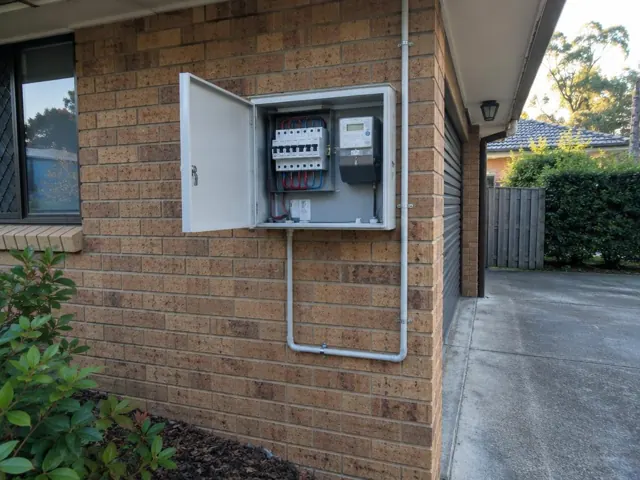 Open external switchboard on a brick house wall beside a driveway in Cameron Park